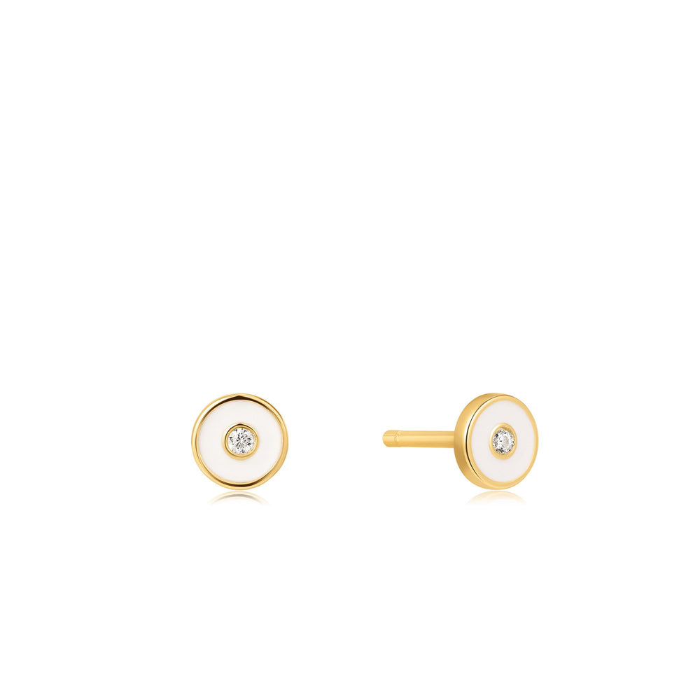 
            
                Load image into Gallery viewer, Optic White Enamel Disc Gold Stud Earrings
            
        