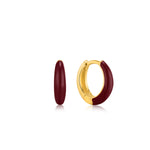 Claret Red Enamel Gold Sleek Huggie Hoop Earrings