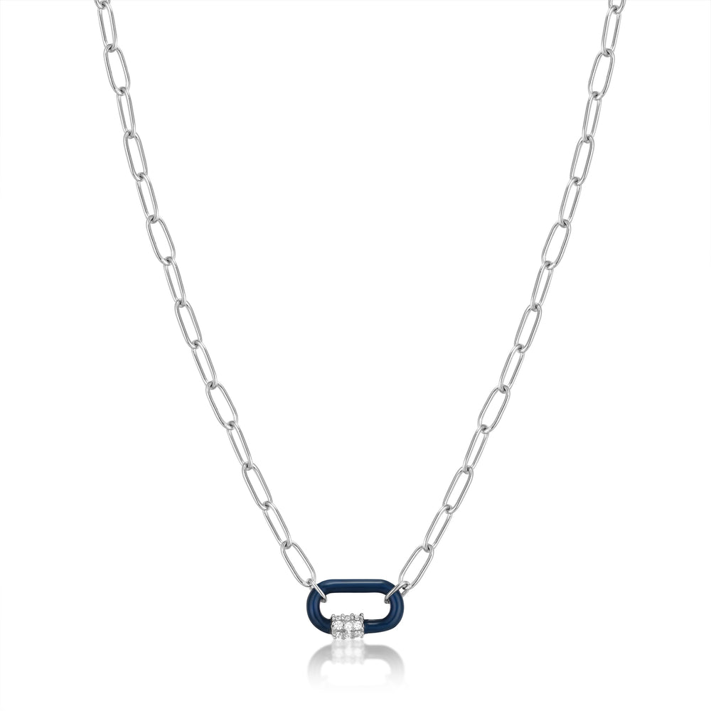 Navy Blue Enamel Carabiner Silver Necklace